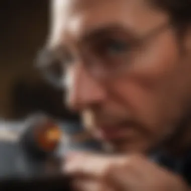 A professional appraiser examining a gemstone with a loupe.