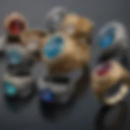 A close-up view of various ring styles showcasing intricate designs.
