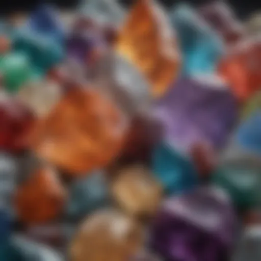 A close-up of various crystals displayed together, showcasing their diverse colors and textures.