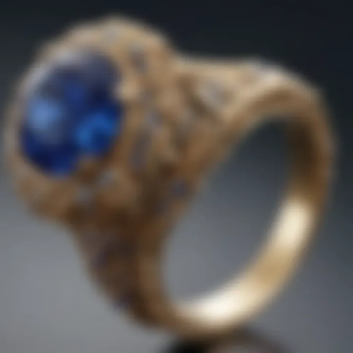 Detailed craftsmanship of a sapphire ring with intricate designs