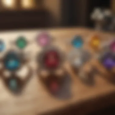 Colorful gemstone rings displayed on a wooden table