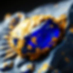 A close-up view of lapis lazuli showcasing its deep blue color with golden pyrite flecks.