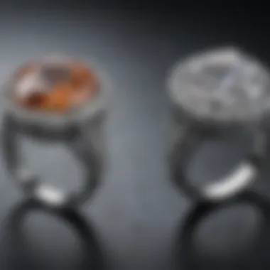 A side-by-side comparison of cubic zirconia and diamond rings, highlighting differences in sparkle.