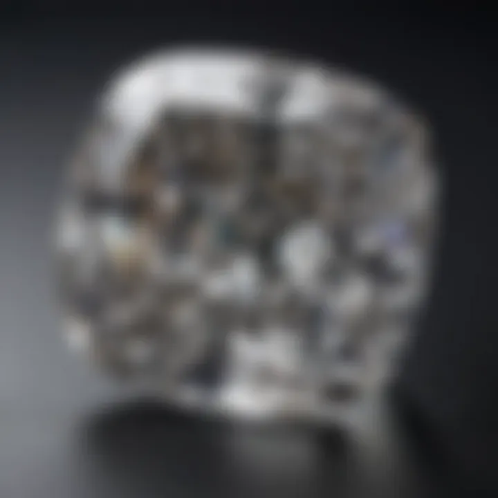 A close-up view of a cushion cut diamond highlighting its facets and brilliance