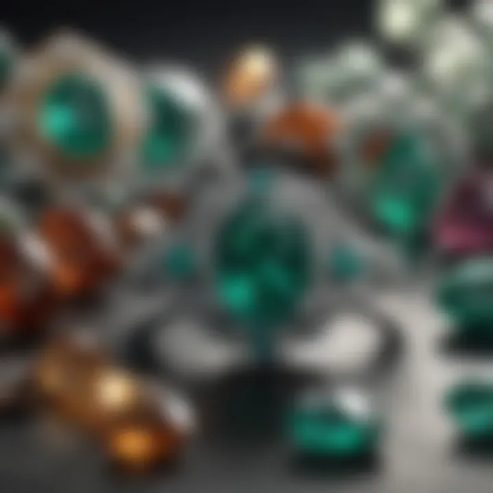 Emeralds displayed alongside other precious gemstones