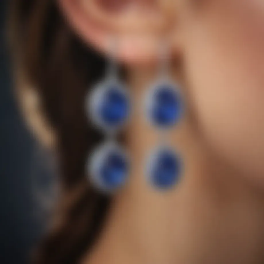 Close-up view of cornflower blue sapphire earrings showcasing their vibrant color and brilliance