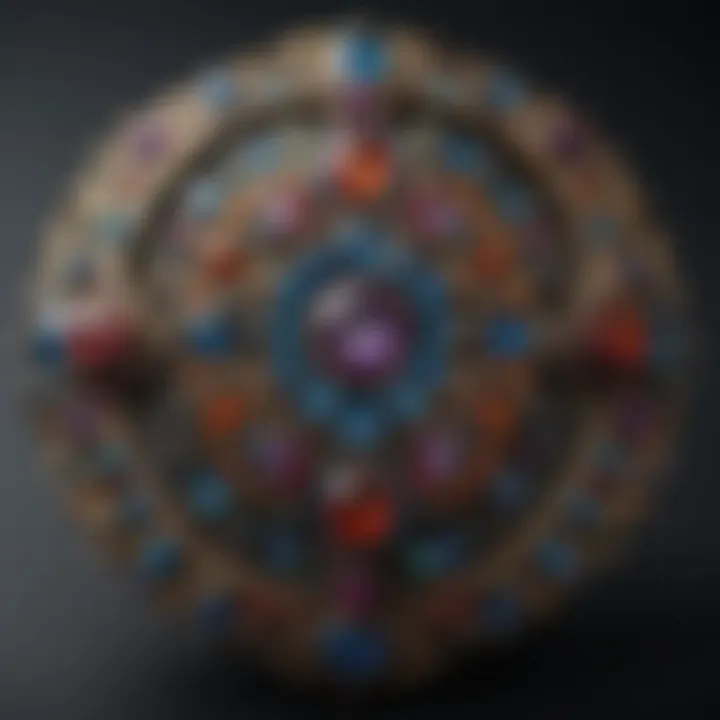 An intricate vintage brooch adorned with colorful gemstones
