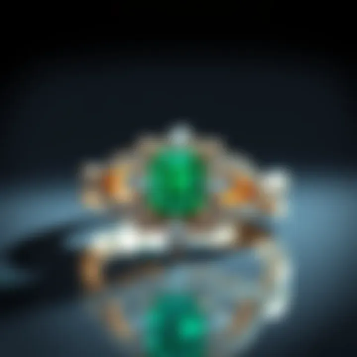 Intricate Emerald Engagement Ring An intricate setting showcasing an emerald engagement ring with rich green hues.
