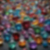 A close-up view of various colorful gemstones