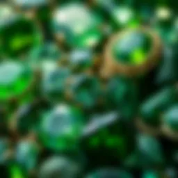 A close-up view of various green gemstones showcasing their unique textures and colors.