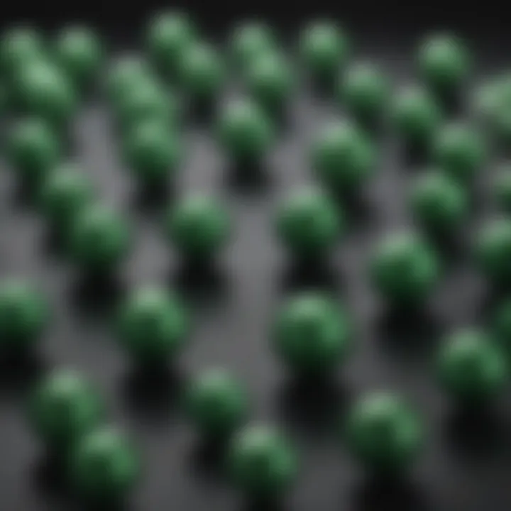 A collection of different types of green pearls displayed on a velvet background