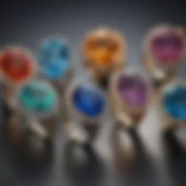 Close-up of various gemstones used in high setting solitaire rings