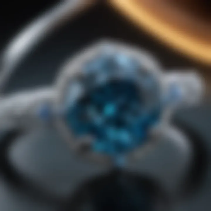 A close-up view of a sparkling lab-created blue diamond ring