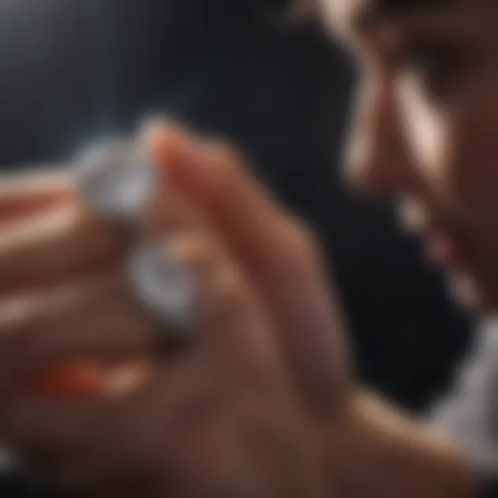 Person examining a lab created diamond ring under natural light