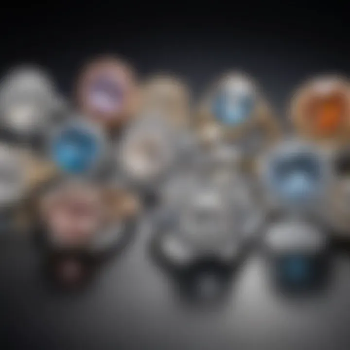 Elegant display of various styles of lab created diamond rings