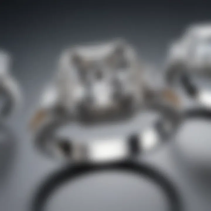 An elegant display of various radiant cut engagement rings, highlighting different settings.