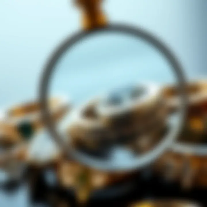 Close-up of various ring materials with a magnifying glass