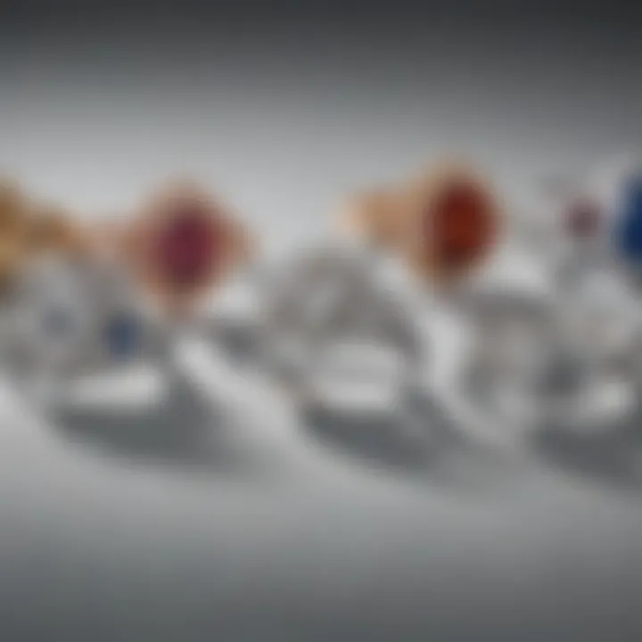 A collection of solitaire diamond rings on a display