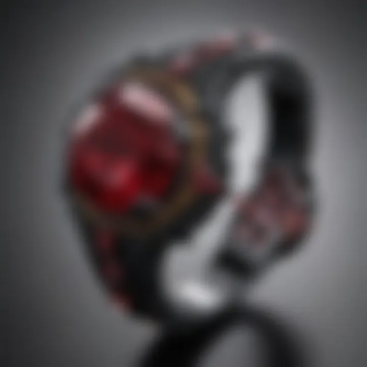 Close-up of a black gold ruby ring highlighting its intricate design