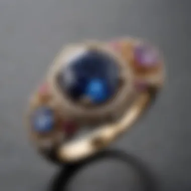 A beautifully crafted low set diamond ring adorned with various gemstones