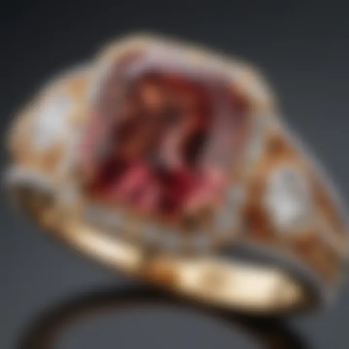 A close-up of a radiant red beryl engagement ring showcasing its vibrant color and intricate setting.