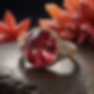 A serene setting depicting a red beryl ring nestled in a natural backdrop, symbolizing its geological origins.