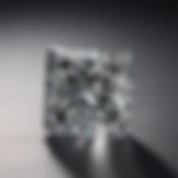 An elegant close-up of a princess cut moissanite reflecting light in different angles