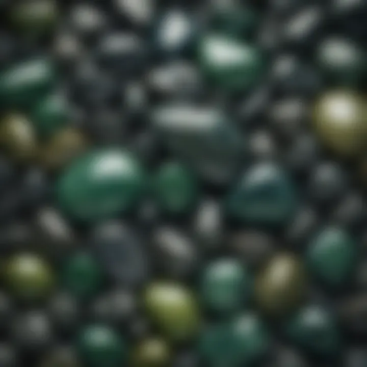 A collection of various dark green stones displayed together, highlighting their diversity and beauty.