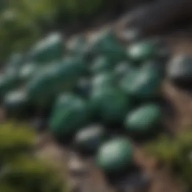 An artistic representation of dark green stones in a natural setting, emphasizing their earthy connection.