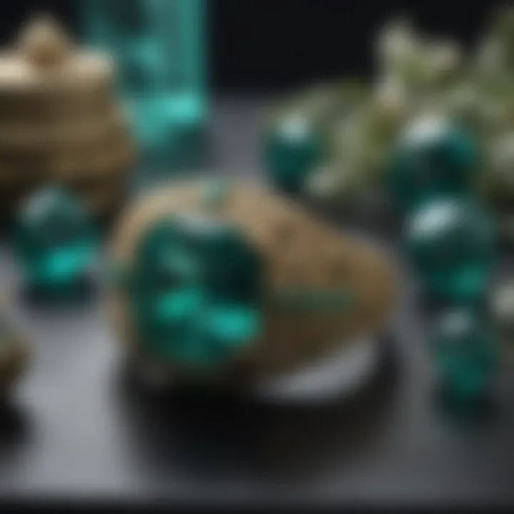 A collection of exquisite emeralds displayed with cultural artifacts