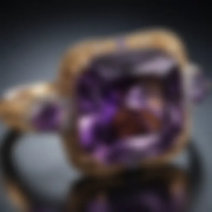 Close-up view of an exquisite amethyst gemstone showcasing its deep purple hue