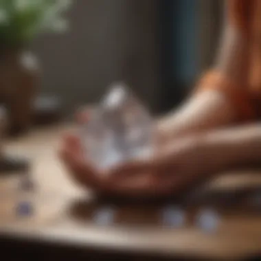 A close-up shot of a person holding a specific crystal while meditating.