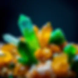 A striking arrangement of green and yellow crystals showcasing their vibrant hues and unique formations.