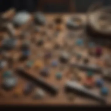 A variety of gem mining tools laid out on a wooden surface