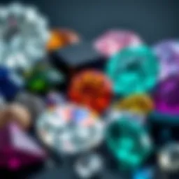 A display of various gemstones in different colors and shapes, showcasing the beauty and diversity of gemstones