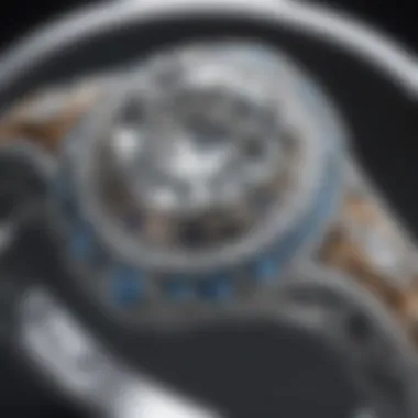 A close-up view of an engagement ring highlighting the intricate craftsmanship and design elements