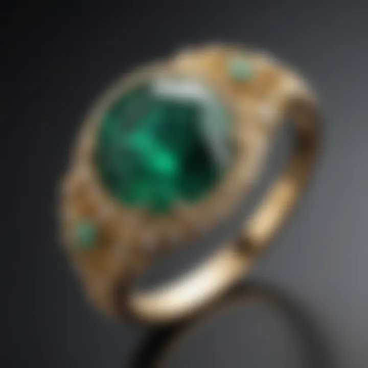 An exquisite emerald surrounded by delicate gold settings, emphasizing its rich green hue.