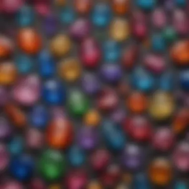A Symphony of Colors: Multicolored Gemstones A stunning array of multicolored gemstones elegantly arranged on a textured surface.