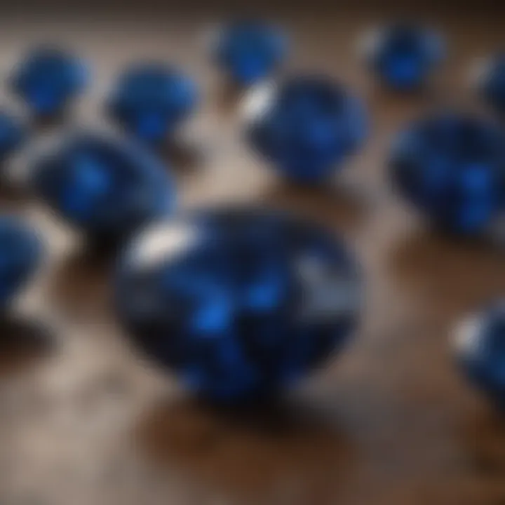 A collection of dark blue sapphires with market trend analysis graphs