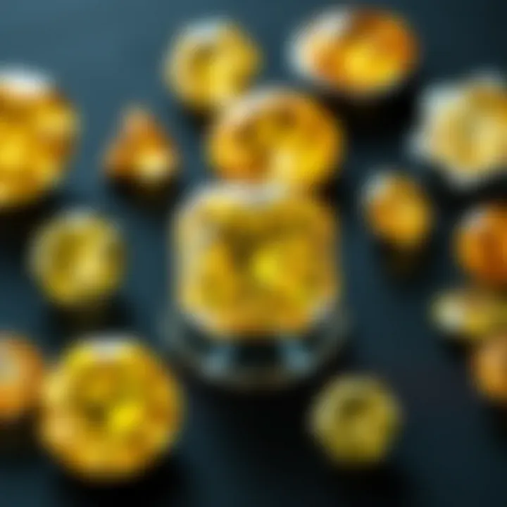 A collection of yellow diamonds displayed in various cuts and settings