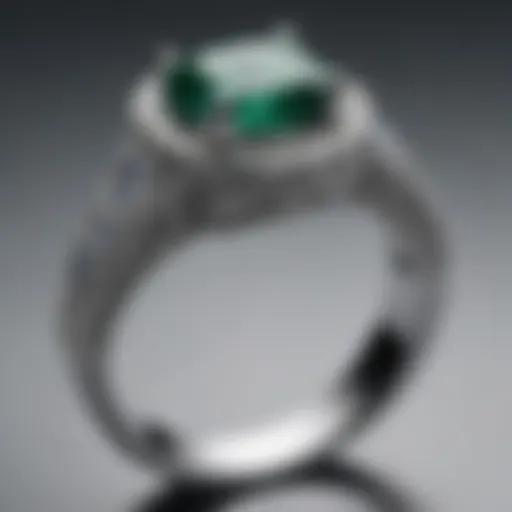 A close-up view of a Vera Wang emerald engagement ring showcasing the intricate band design.