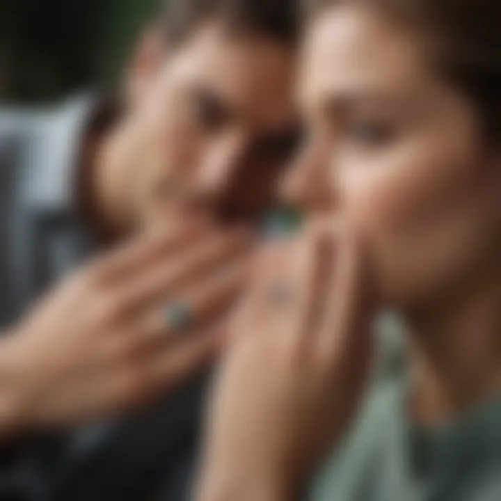 A serene setting depicting a couple discussing their engagement ring choices.