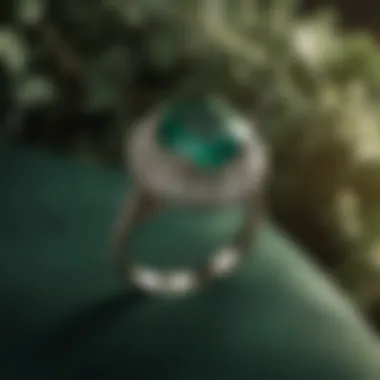 A beautifully set emerald engagement ring on a luxurious velvet background.