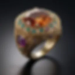 A close-up of a historic royal ring showcasing intricate gold and gemstone craftsmanship