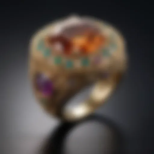 A close-up of a historic royal ring showcasing intricate gold and gemstone craftsmanship