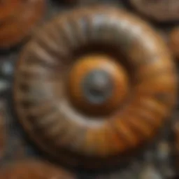 Detailed close-up of a fossilized ammonite showcasing intricate shell patterns.