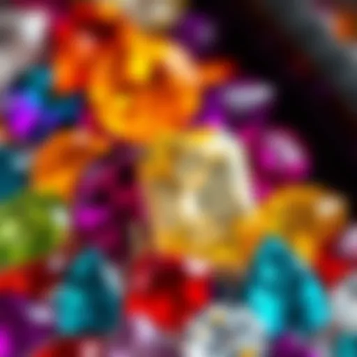 A close-up view of various gemstones showcasing their colors and cuts