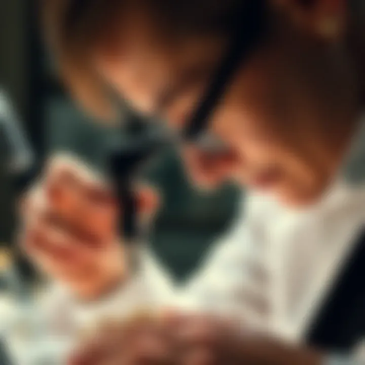 Jewellery assessor examining a piece with a loupe
