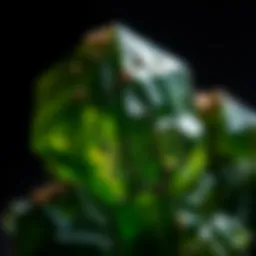 Close-up view of Moldavite crystal with intricate textures