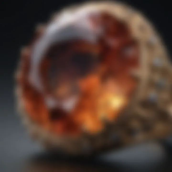 A close-up view of a gemstone revealing its intricate details